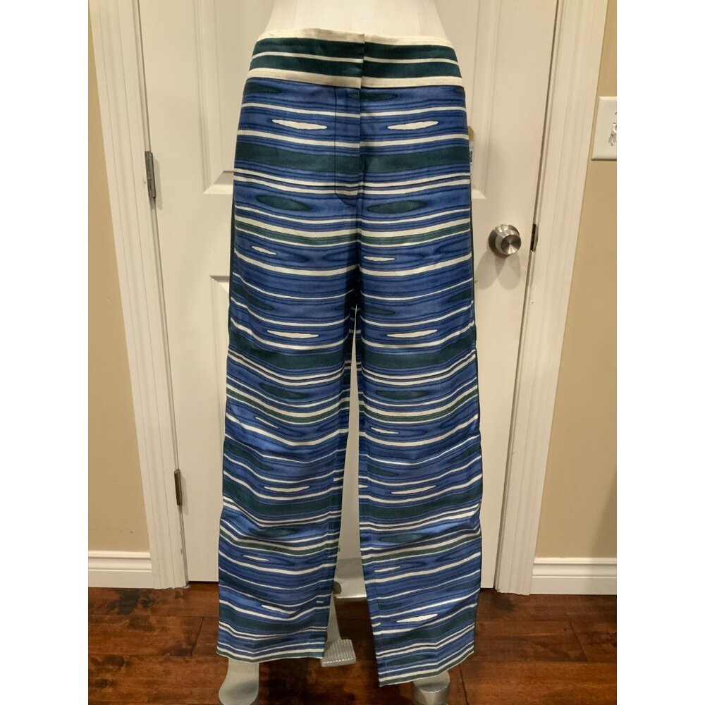 Tory Burch Blue, Green & White Watercolor Striped Straight Leg Pants, Size 8